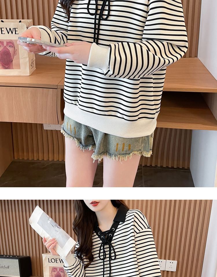 Contrast Collar Striped Lace-Up Sweatshirt