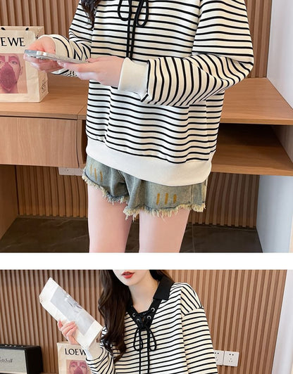 Contrast Collar Striped Lace-Up Sweatshirt