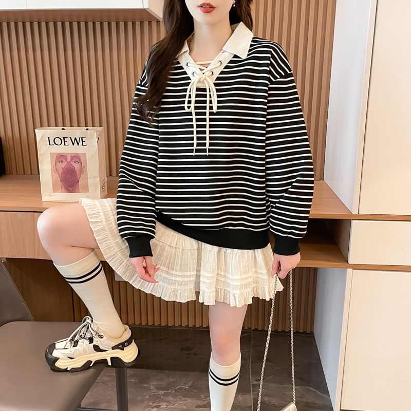Contrast Collar Striped Lace-Up Sweatshirt