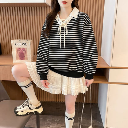 Contrast Collar Striped Lace-Up Sweatshirt