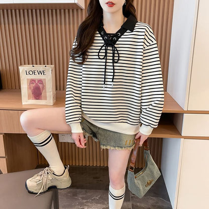Contrast Collar Striped Lace-Up Sweatshirt