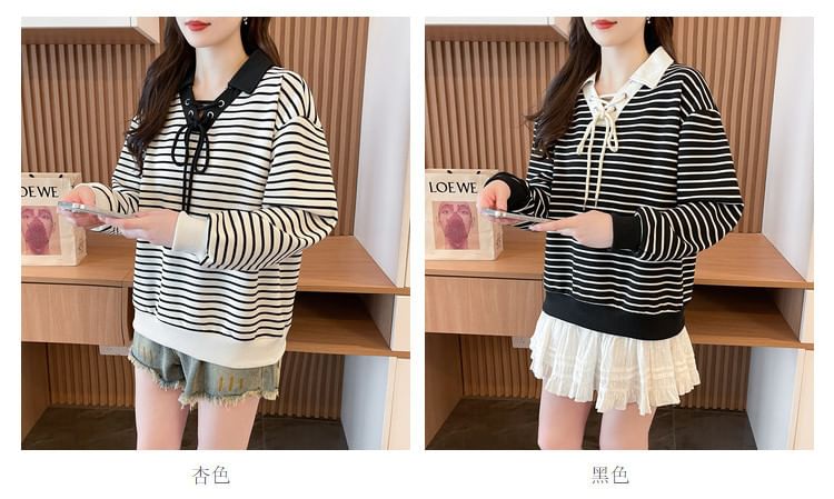Contrast Collar Striped Lace-Up Sweatshirt