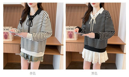 Contrast Collar Striped Lace-Up Sweatshirt