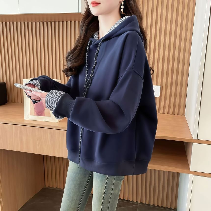 Faux Two-Piece Striped Drawstring Hooded Sweatshirt