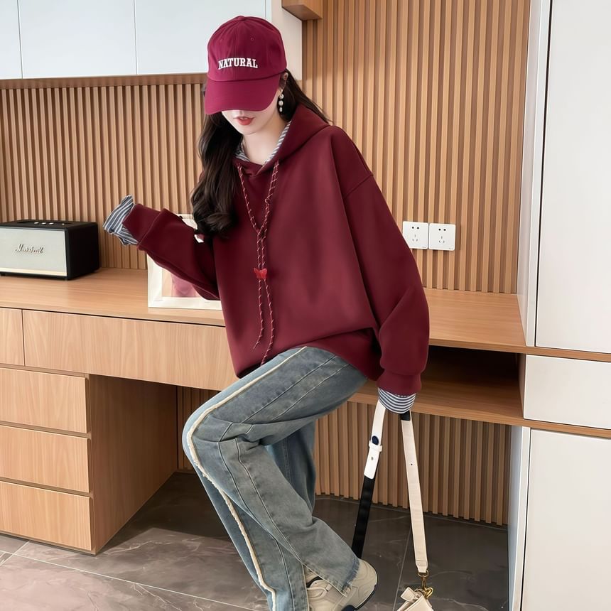 Faux Two-Piece Striped Drawstring Hooded Sweatshirt
