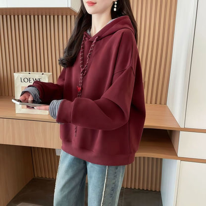 Faux Two-Piece Striped Drawstring Hooded Sweatshirt