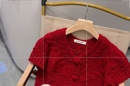Cable Knit Short-Sleeve Button-Up Top