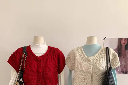 Cable Knit Short-Sleeve Button-Up Top