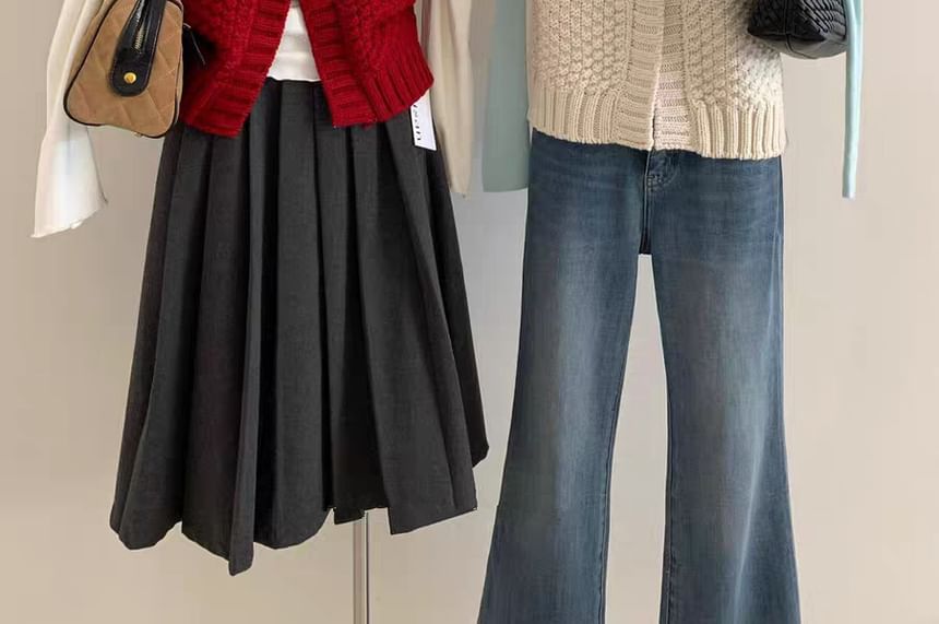 Cable Knit Short-Sleeve Button-Up Top