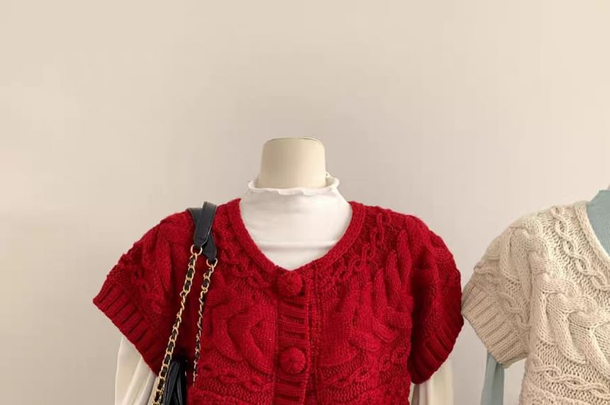 Cable Knit Short-Sleeve Button-Up Top