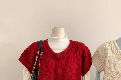 Cable Knit Short-Sleeve Button-Up Top