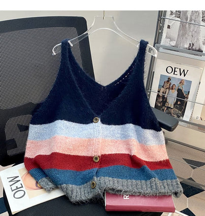 Striped V-Neck Button-Front Knit Camisole