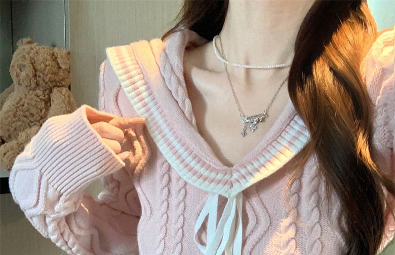 Collared Contrast Trim Cable Knit Pullover