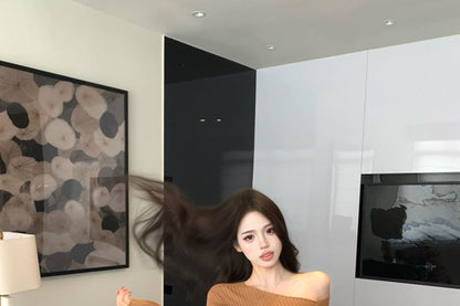 Extended Sleeve Off Shoulder Solid Sweater / Mid Rise Solid Mini Pencil Skirt