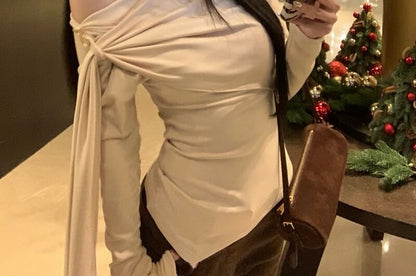Tie Waist Off-Shoulder Tee - Long Sleeve