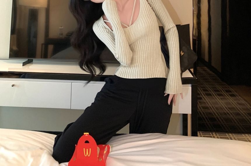 Extended Sleeve V-Neck Solid Ribbed Knit Top
