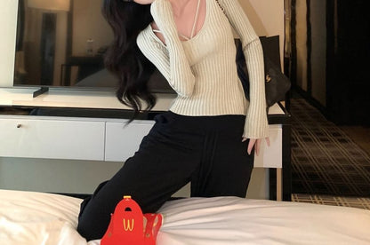 Extended Sleeve V-Neck Solid Ribbed Knit Top