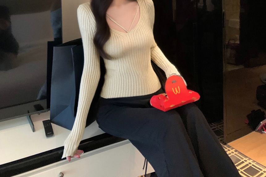 Extended Sleeve V-Neck Solid Ribbed Knit Top
