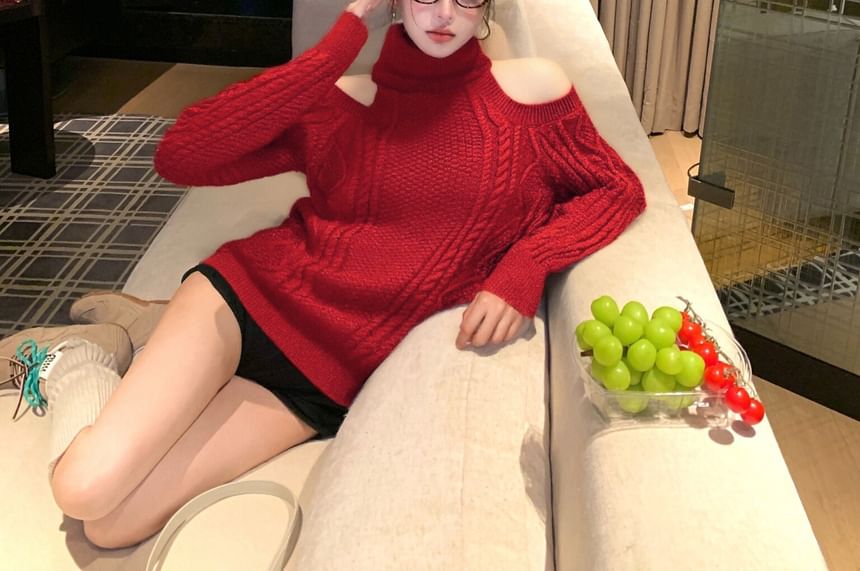 Cold Shoulder Turtleneck Solid Cable Knit Pullover