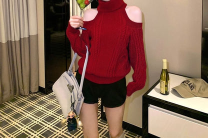 Cold Shoulder Turtleneck Solid Cable Knit Pullover