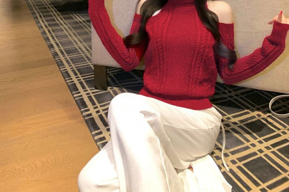 Cold Shoulder Turtleneck Solid Cable Knit Pullover