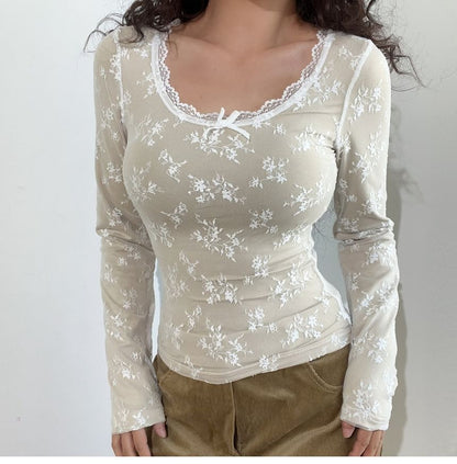 Long Sleeve U-Neck Lace Tee