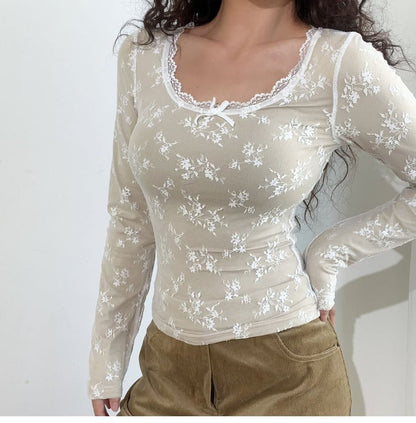 Long Sleeve U-Neck Lace Tee