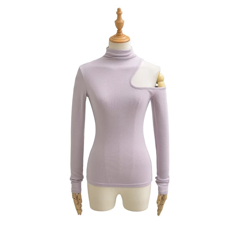 Extended Sleeve High Collar Solid Cutout Tee