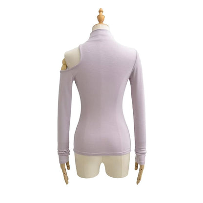 Extended Sleeve High Collar Solid Cutout Tee
