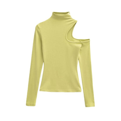 Extended Sleeve High Collar Solid Cutout Tee
