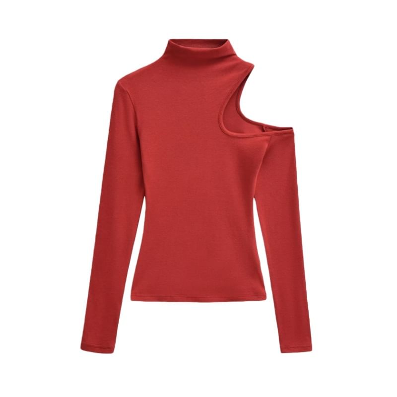 Extended Sleeve High Collar Solid Cutout Tee