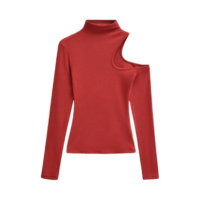Extended Sleeve High Collar Solid Cutout Tee