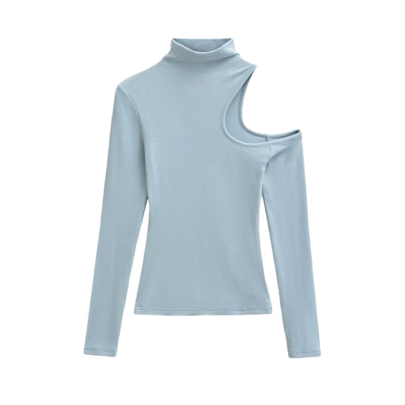 Extended Sleeve High Collar Solid Cutout Tee