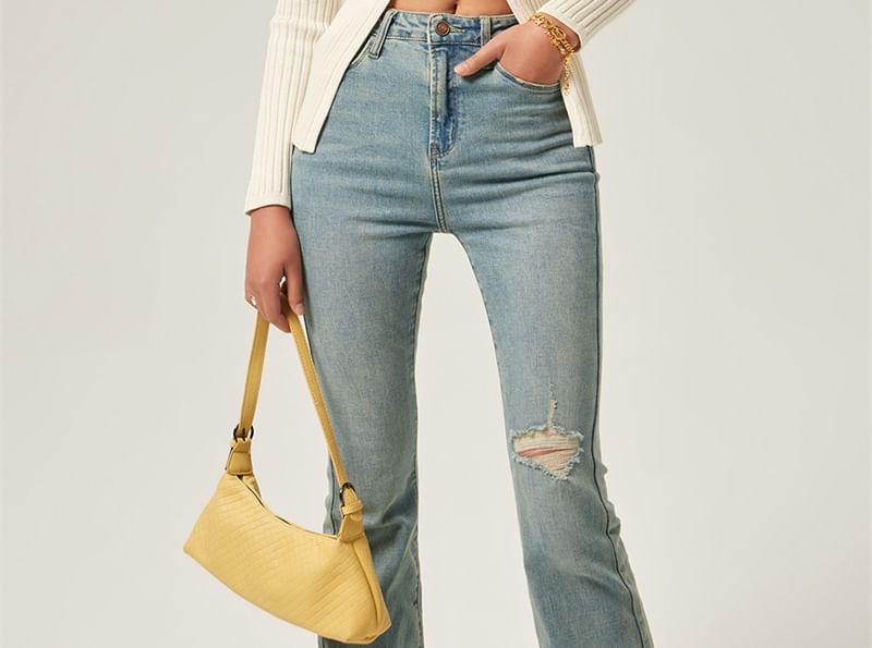 Extended Sleeve Deep V Solid Ribbed Split Knit Top