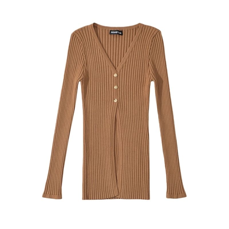 Extended Sleeve Deep V Solid Ribbed Split Knit Top