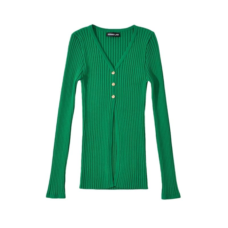 Extended Sleeve Deep V Solid Ribbed Split Knit Top