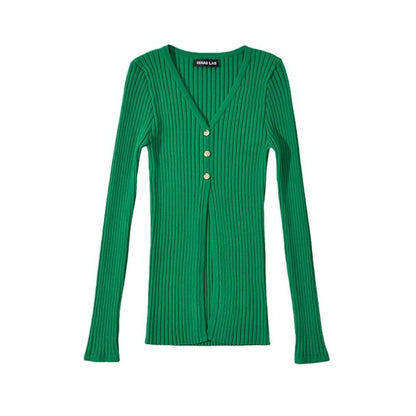 Extended Sleeve Deep V Solid Ribbed Split Knit Top