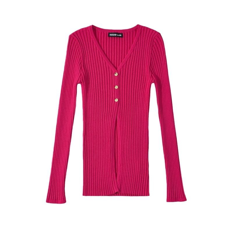 Extended Sleeve Deep V Solid Ribbed Split Knit Top