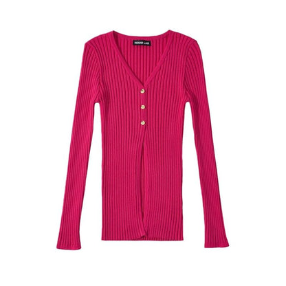 Extended Sleeve Deep V Solid Ribbed Split Knit Top