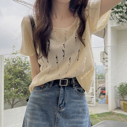 Distressed Crew Neck Short-Sleeve Knit Top