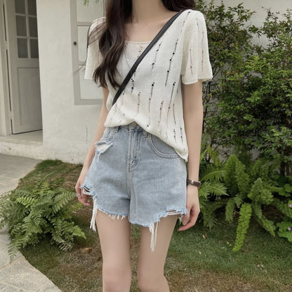Distressed Crew Neck Short-Sleeve Knit Top