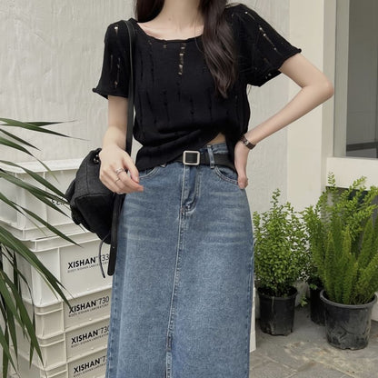 Distressed Crew Neck Short-Sleeve Knit Top