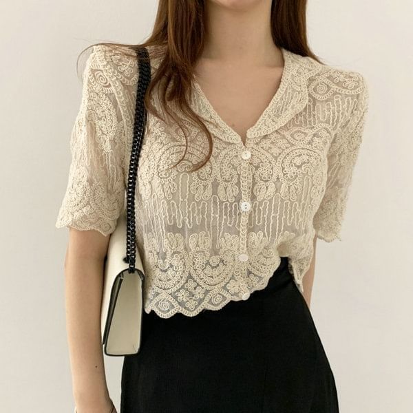 Crochet Lace Short-Sleeve Button-Up Top