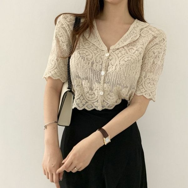 Crochet Lace Short-Sleeve Button-Up Top