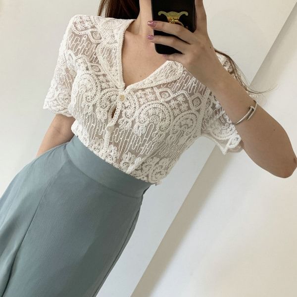 Crochet Lace Short-Sleeve Button-Up Top