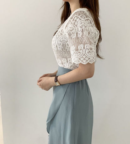Crochet Lace Short-Sleeve Button-Up Top