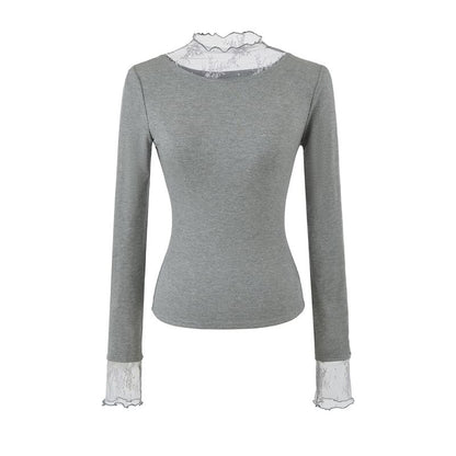 Long Sleeve Mock Neck Lace Slim T-Shirt