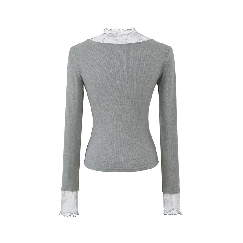 Long Sleeve Mock Neck Lace Slim T-Shirt