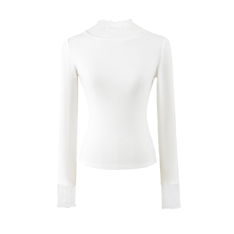 Long Sleeve Mock Neck Lace Slim T-Shirt