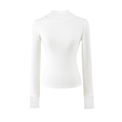 Long Sleeve Mock Neck Lace Slim T-Shirt